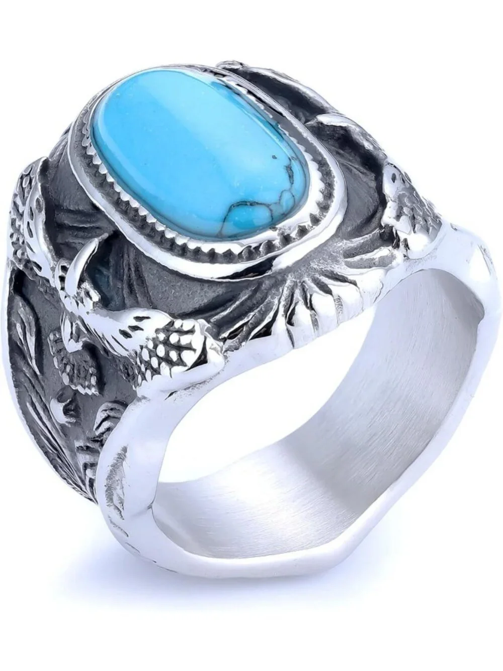 Men's Vintage Turquoise Titanium Steel Ring with Eagle Design - Western Biker